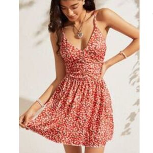 🌈 Beautiful Red Rouched Ditzy Floral Dress with Adjustable Straps